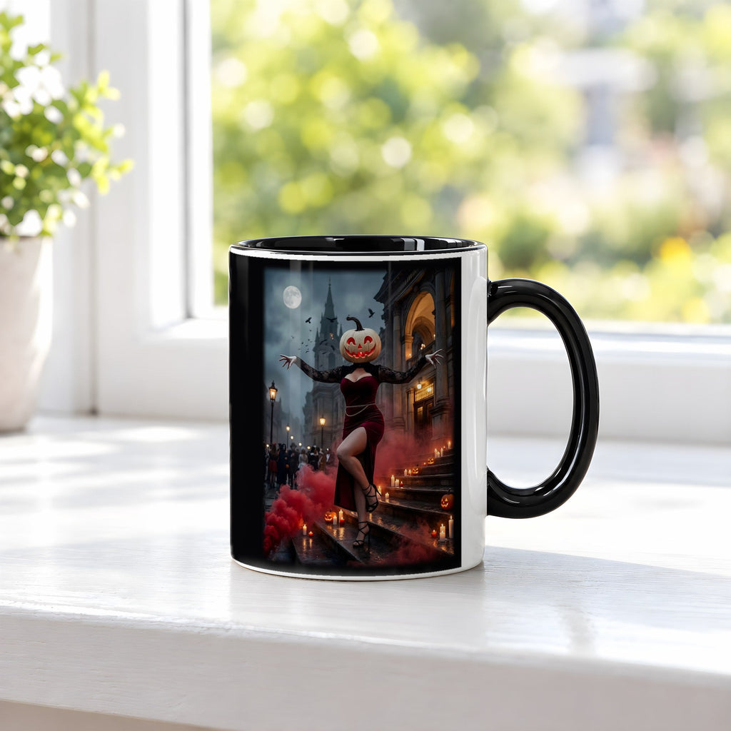 Die Dame in Rot – Tasse innen schwarz, auf der Fensterbank