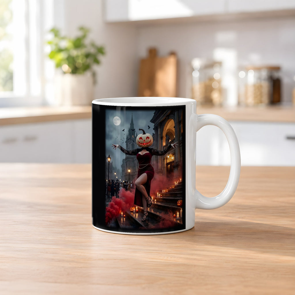 Die Dame in Rot – weiße Tasse, auf dem Küchentresen