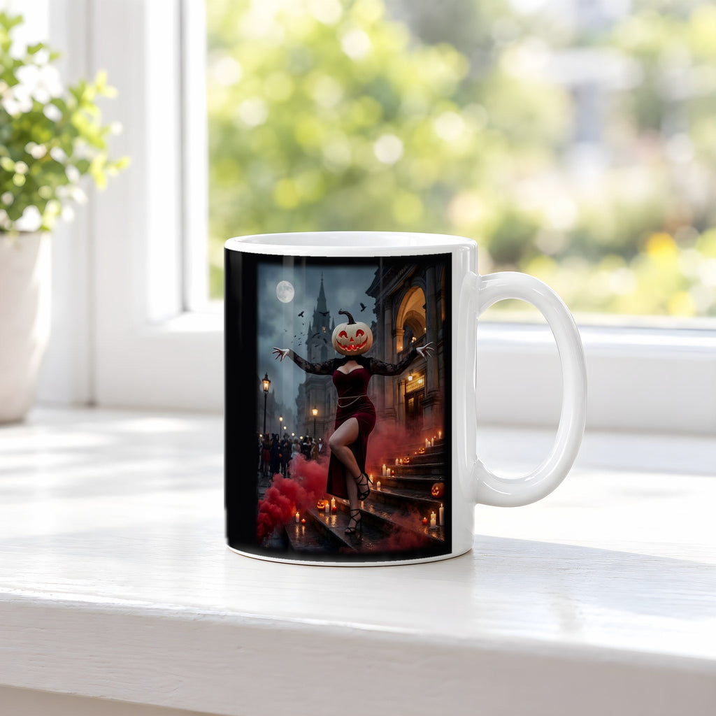 Die Dame in Rot – weiße Tasse, auf der Fensterbank