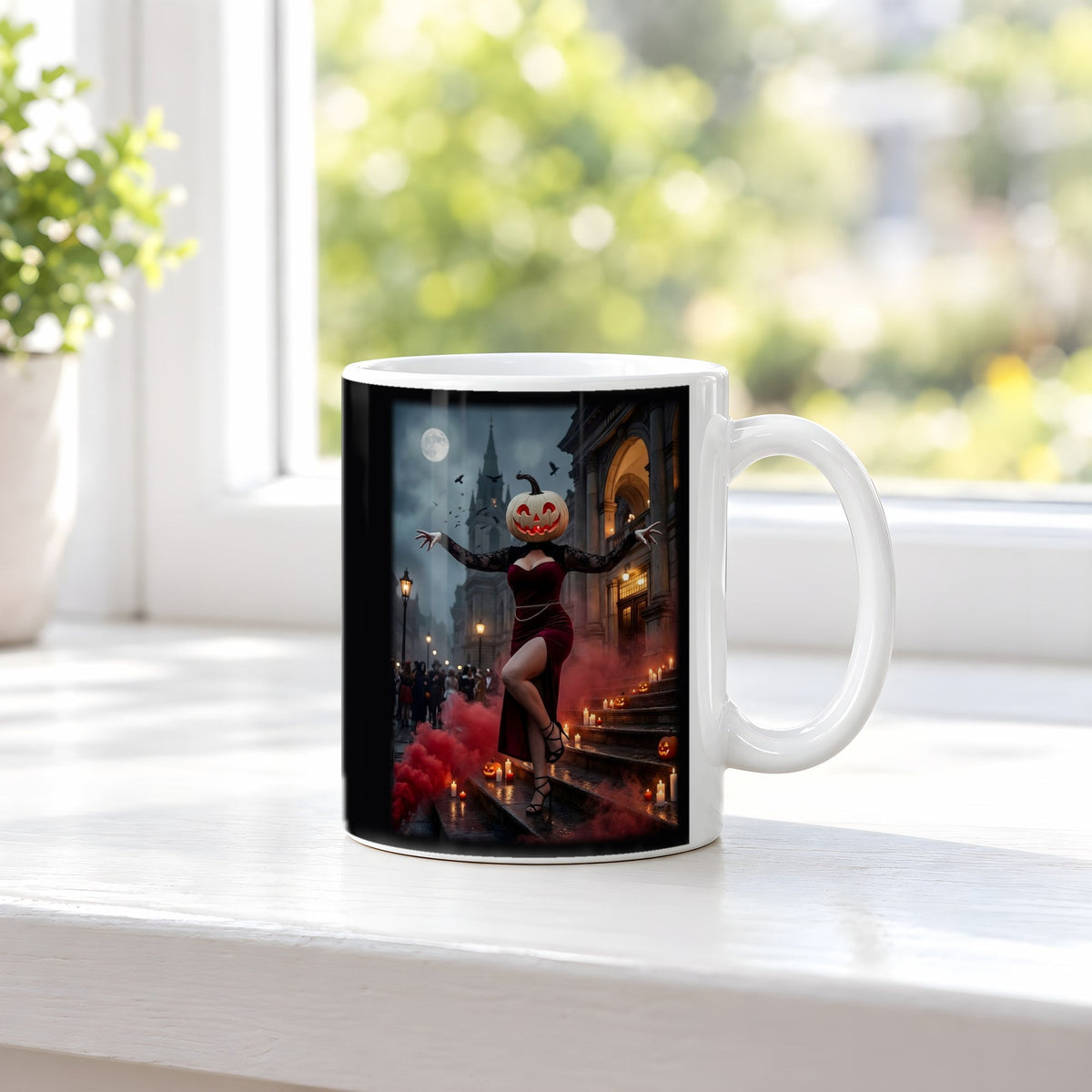 Die Dame in Rot – weiße Tasse, auf der Fensterbank
