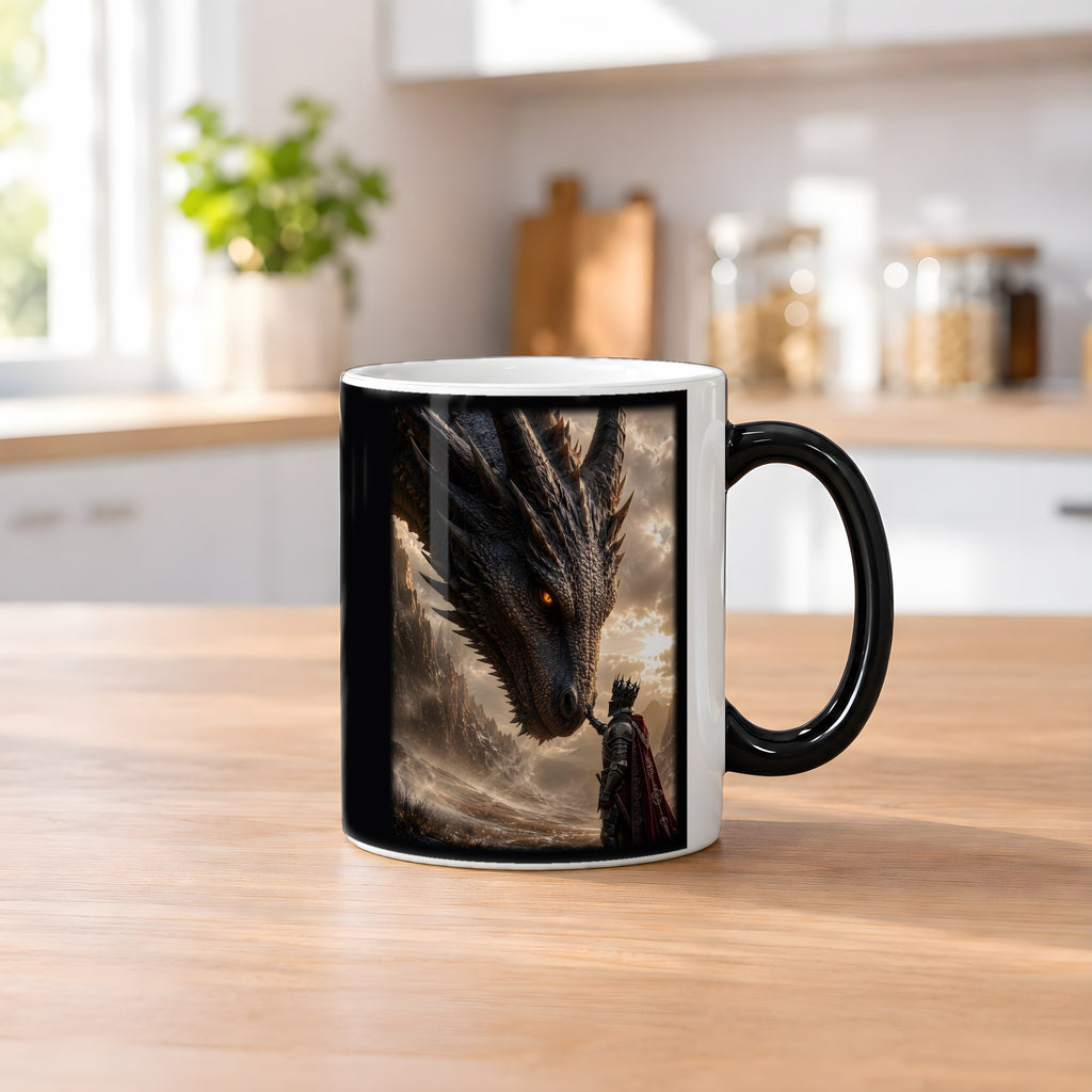 Auge in Auge – Black Edition Zaubertasse mit Motiv (heiß), auf dem Küchentresen
