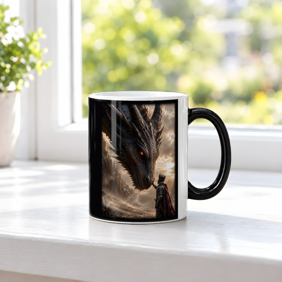 Auge in Auge – Black Edition Zaubertasse mit Motiv (heiß), auf der Fensterbank