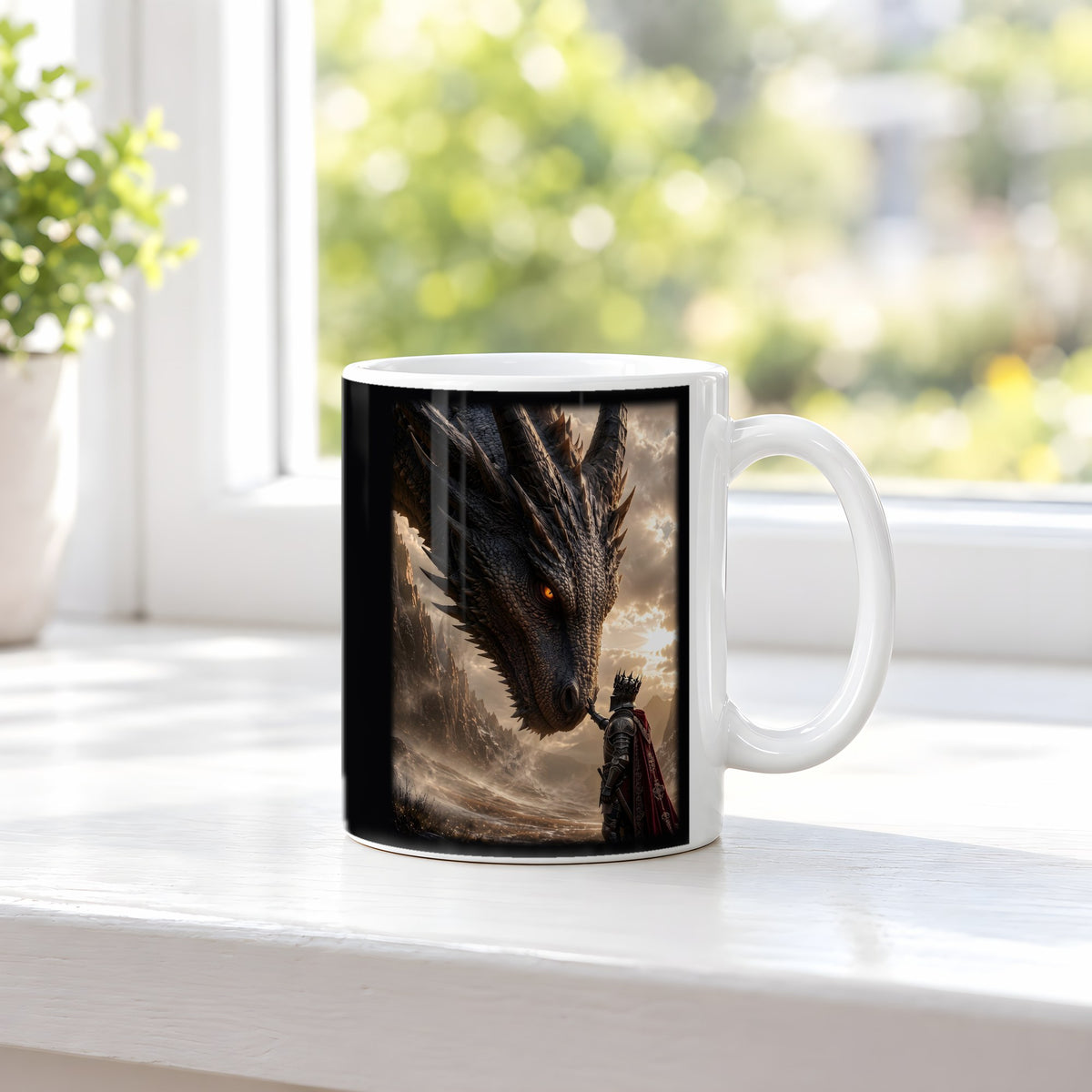 Auge in Auge – weiße Tasse, auf der Fensterbank