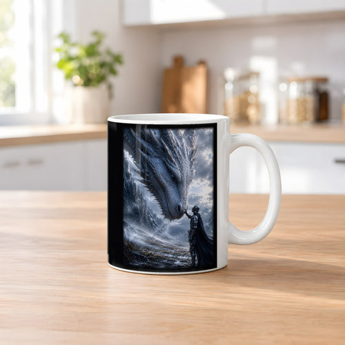 Drachenkönigin – weiße Tasse, auf dem Küchentresen