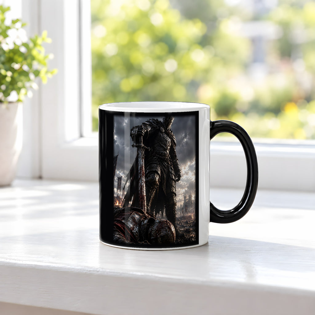 Der Sieger – Black Edition Zaubertasse mit Motiv (heiß), auf der Fensterbank