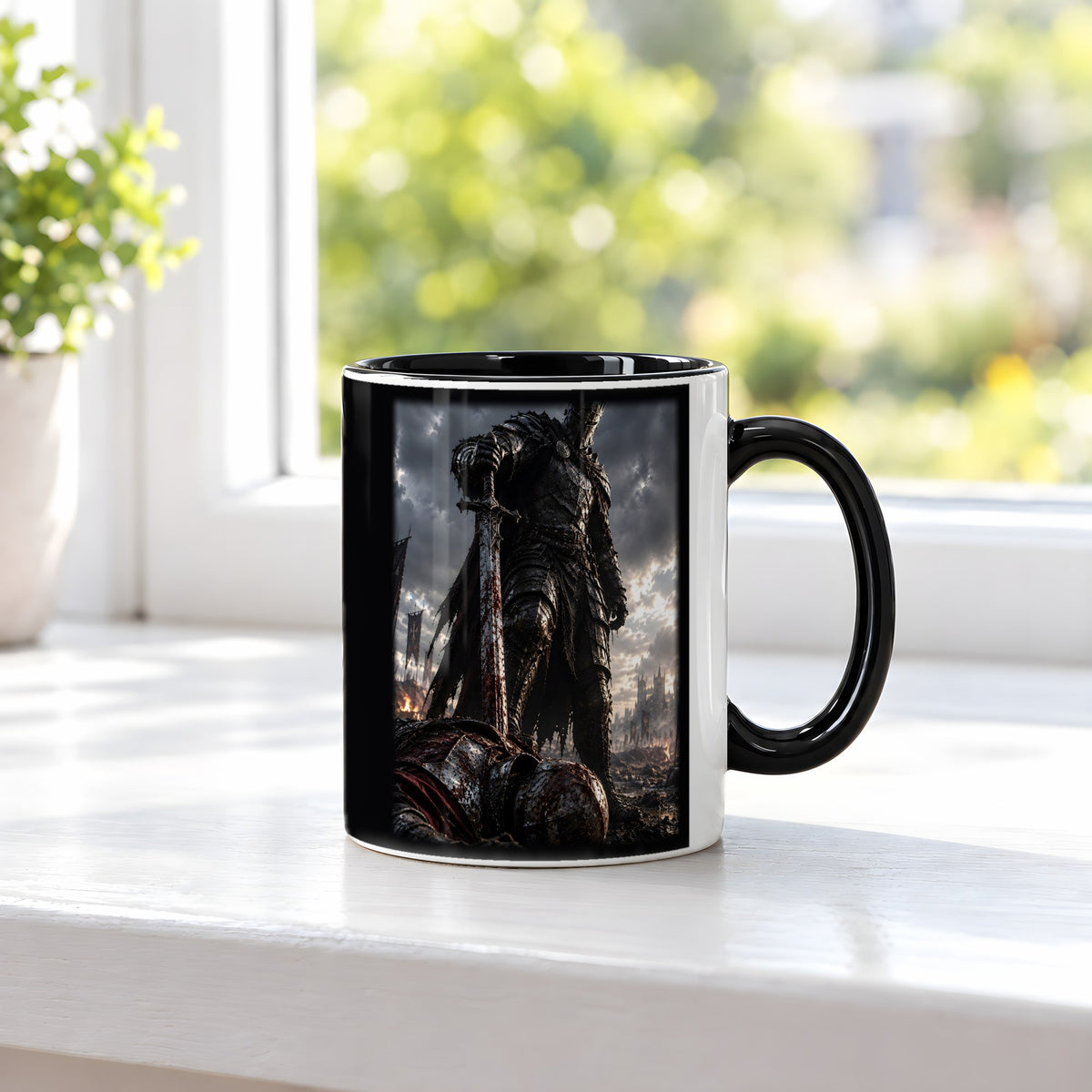 Der Sieger – Tasse innen schwarz, auf der Fensterbank