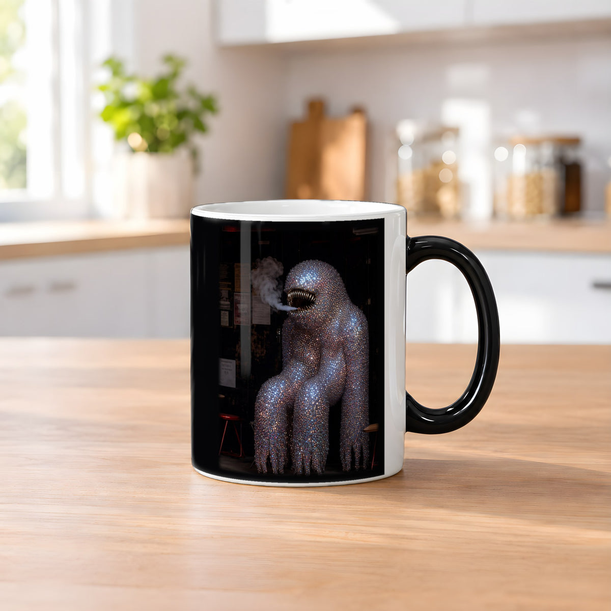 Der Diamant-Silberrücken – Black Edition Zaubertasse mit Motiv (heiß), auf dem Küchentresen
