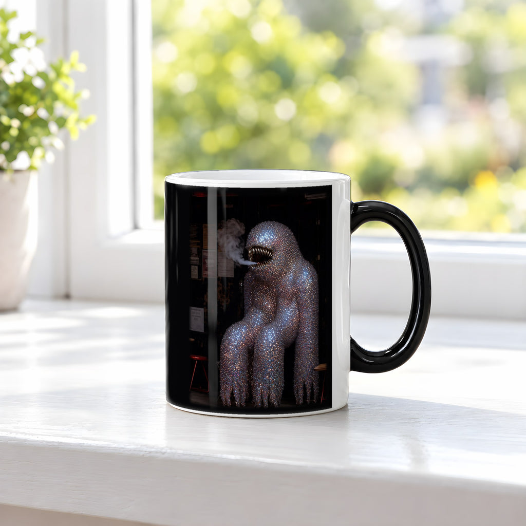 Der Diamant-Silberrücken – Black Edition Zaubertasse mit Motiv (heiß), auf der Fensterbank