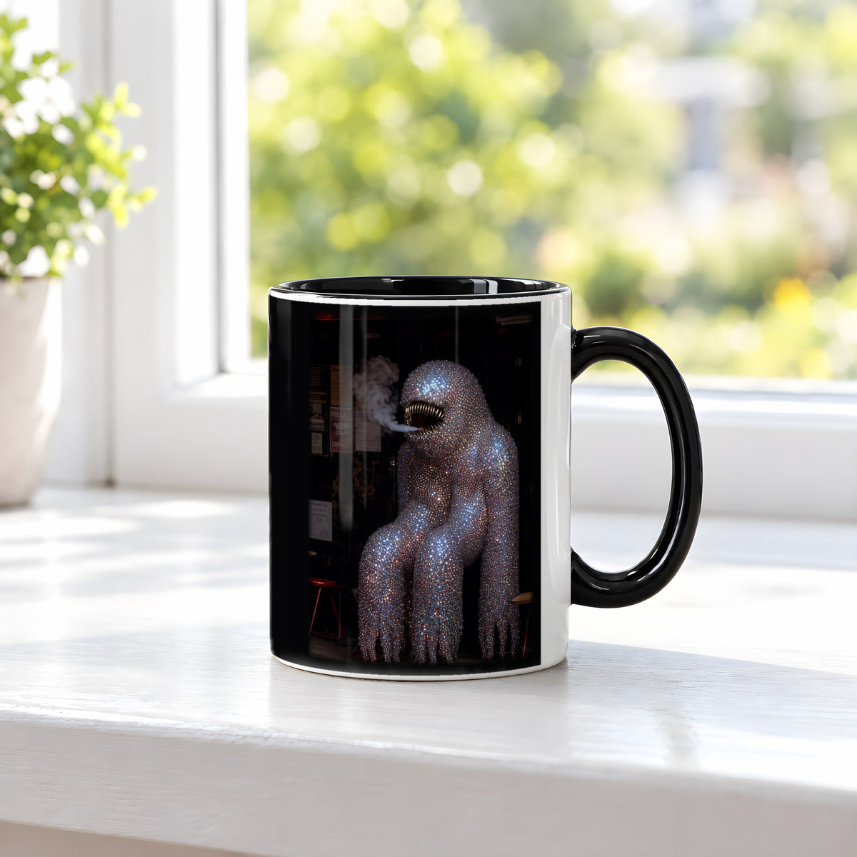 Der Diamant-Silberrücken – Tasse innen schwarz, auf der Fensterbank