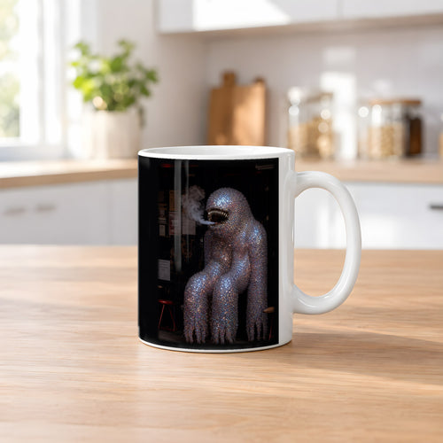 Der Diamant-Silberrücken – weiße Tasse, auf dem Küchentresen