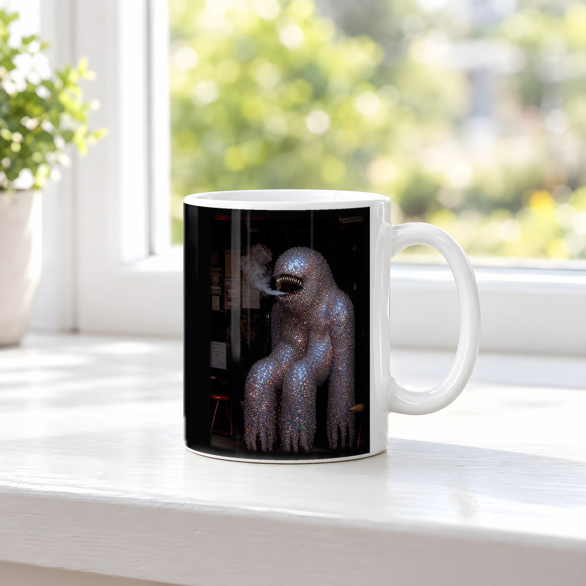 Der Diamant-Silberrücken – weiße Tasse, auf der Fensterbank