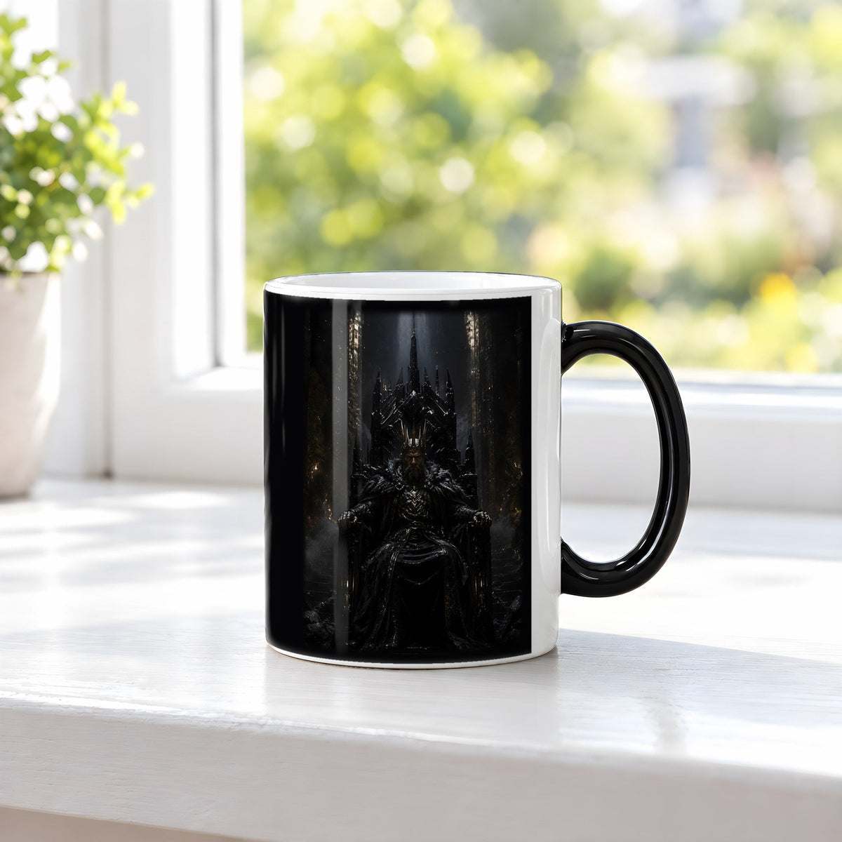 Der Dunkle Thron – Black Edition Zaubertasse mit Motiv (heiß), auf der Fensterbank
