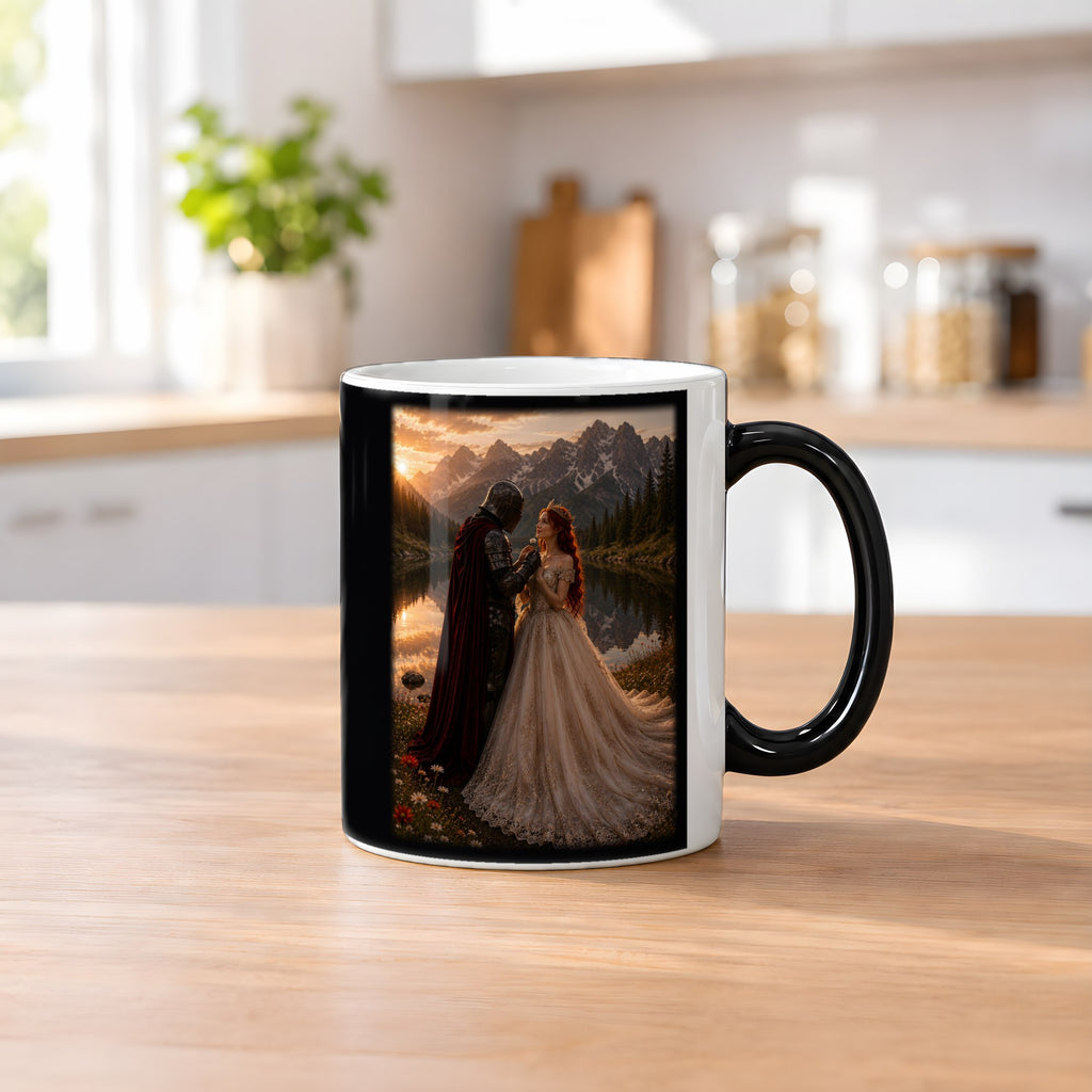 Das Versprechen – Black Edition Zaubertasse mit Motiv (heiß), auf dem Küchentresen