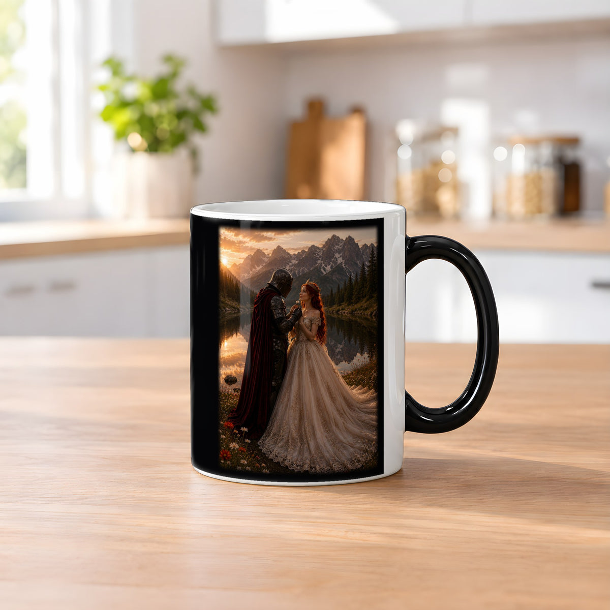 Das Versprechen – Black Edition Zaubertasse mit Motiv (heiß), auf dem Küchentresen