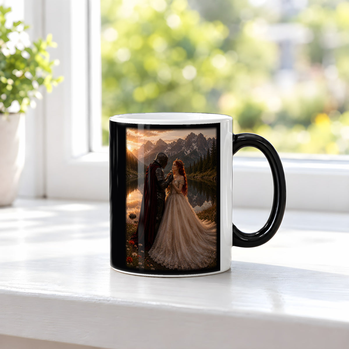 Das Versprechen – Black Edition Zaubertasse mit Motiv (heiß), auf der Fensterbank