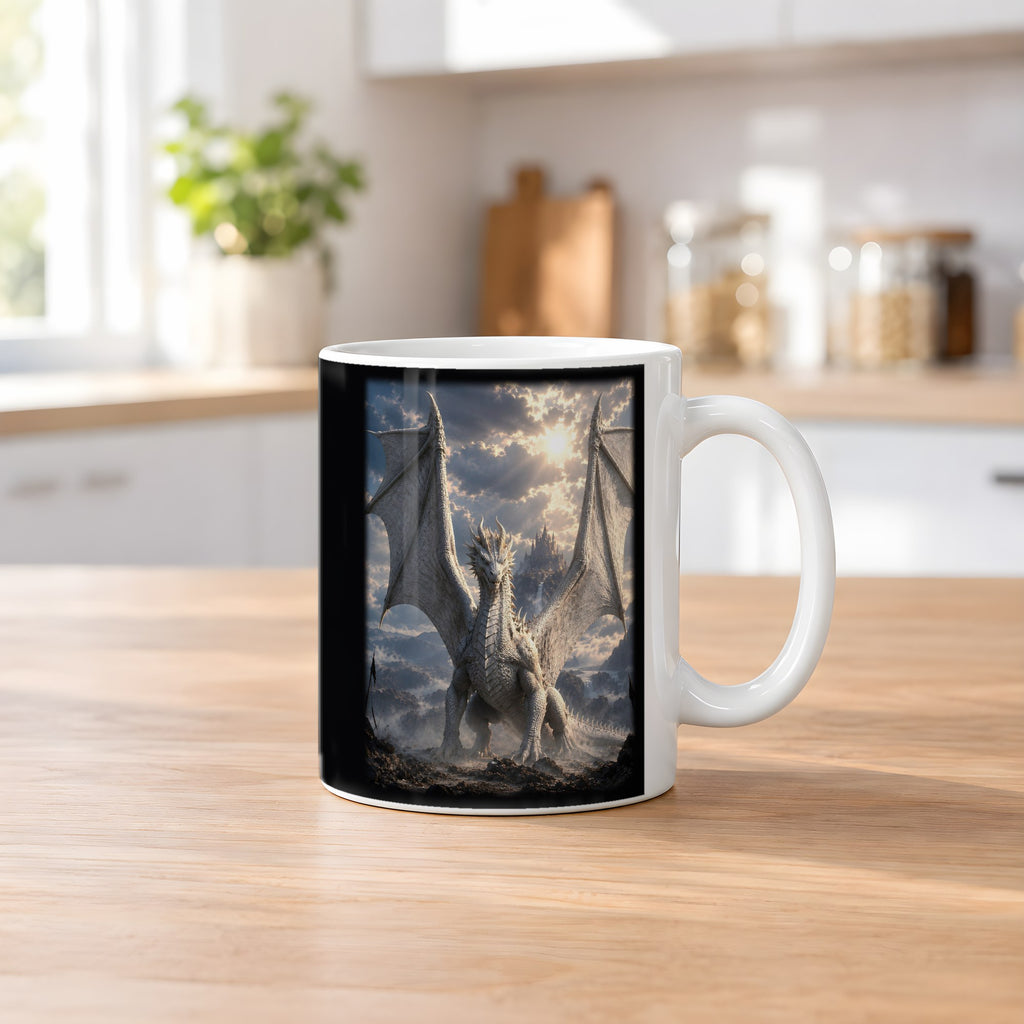 Der Elfenbeindrache – weiße Tasse, auf dem Küchentresen