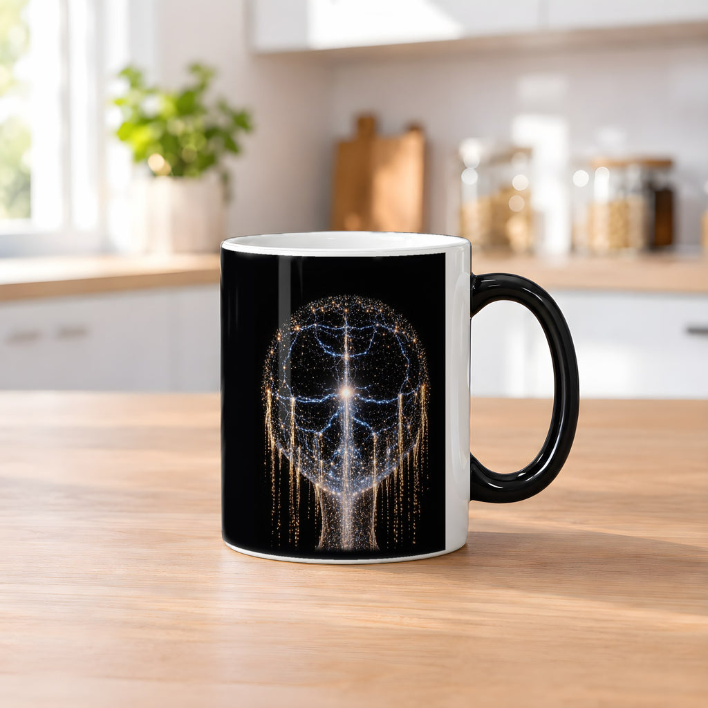 Erwachen des Geistes – Black Edition Zaubertasse mit Motiv (heiß), auf dem Küchentresen