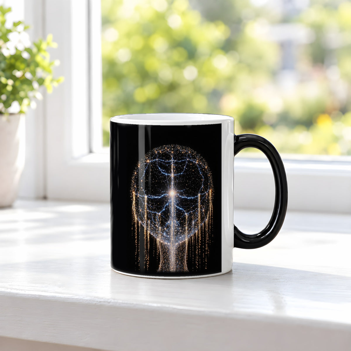 Erwachen des Geistes – Black Edition Zaubertasse mit Motiv (heiß), auf der Fensterbank