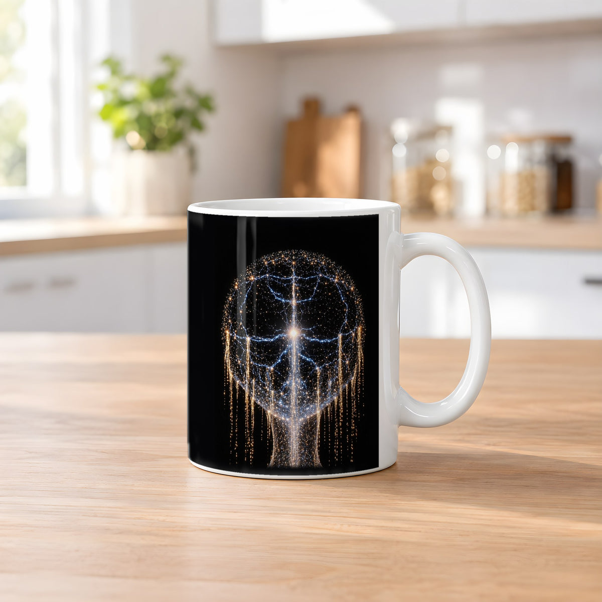 Erwachen des Geistes – weiße Tasse, auf dem Küchentresen