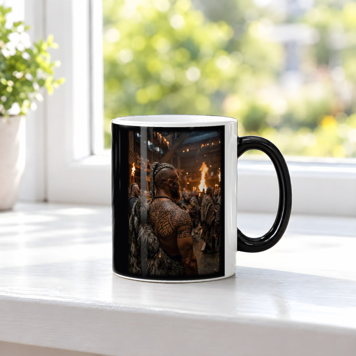 Einzug in die Halle – Black Edition Zaubertasse mit Motiv (heiß), auf der Fensterbank