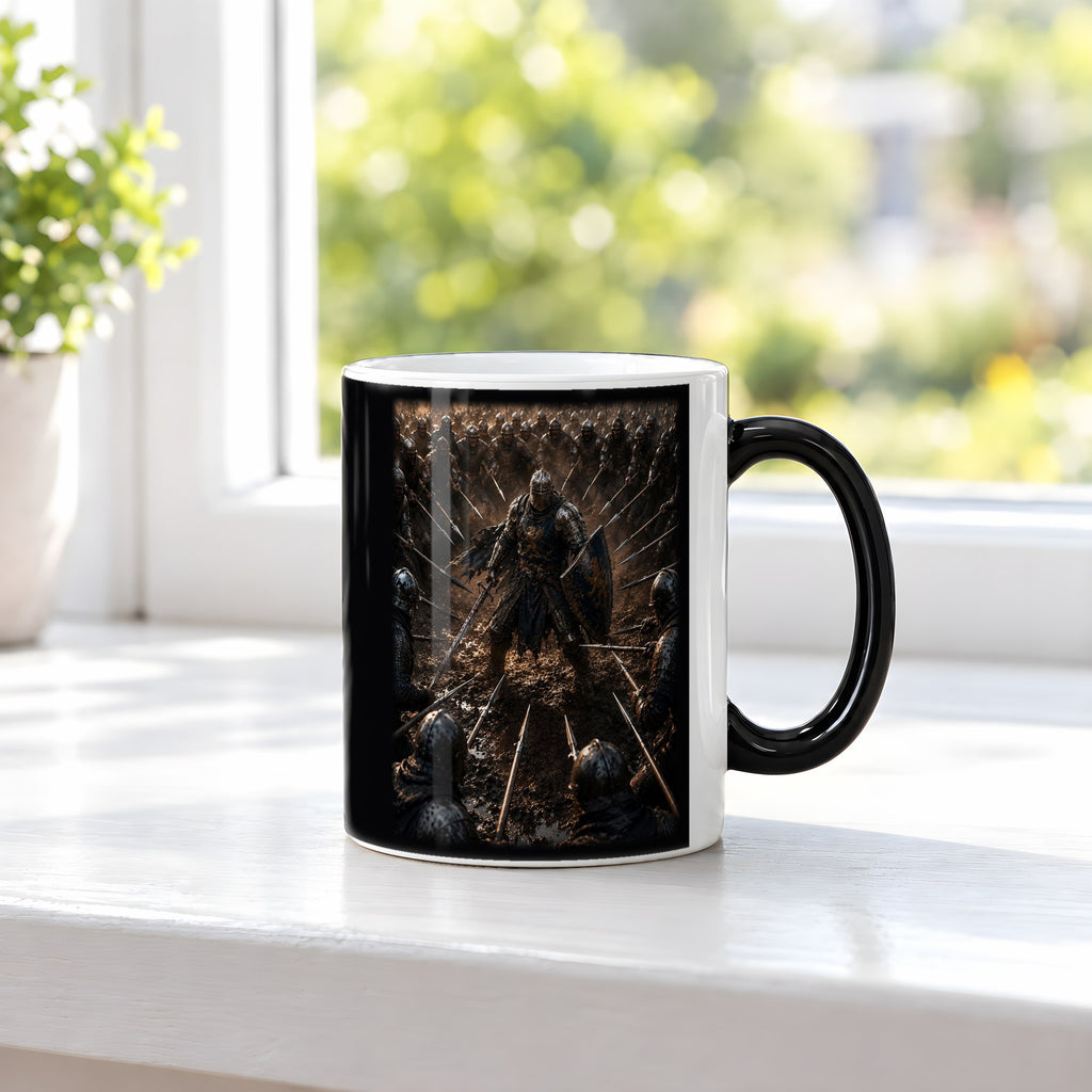 Einer gegen alle – Black Edition Zaubertasse mit Motiv (heiß), auf der Fensterbank