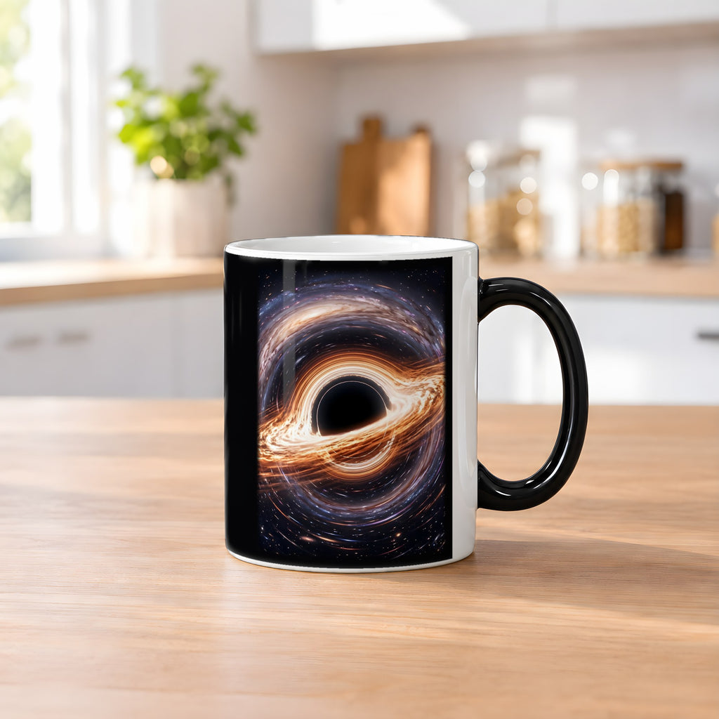 Ereignishorizont – Black Edition Zaubertasse mit Motiv (heiß), auf dem Küchentresen