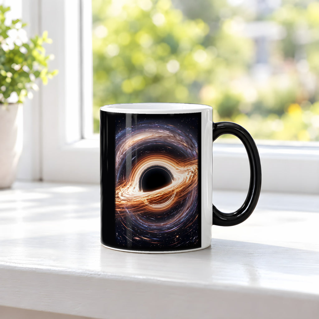 Ereignishorizont – Black Edition Zaubertasse mit Motiv (heiß), auf der Fensterbank