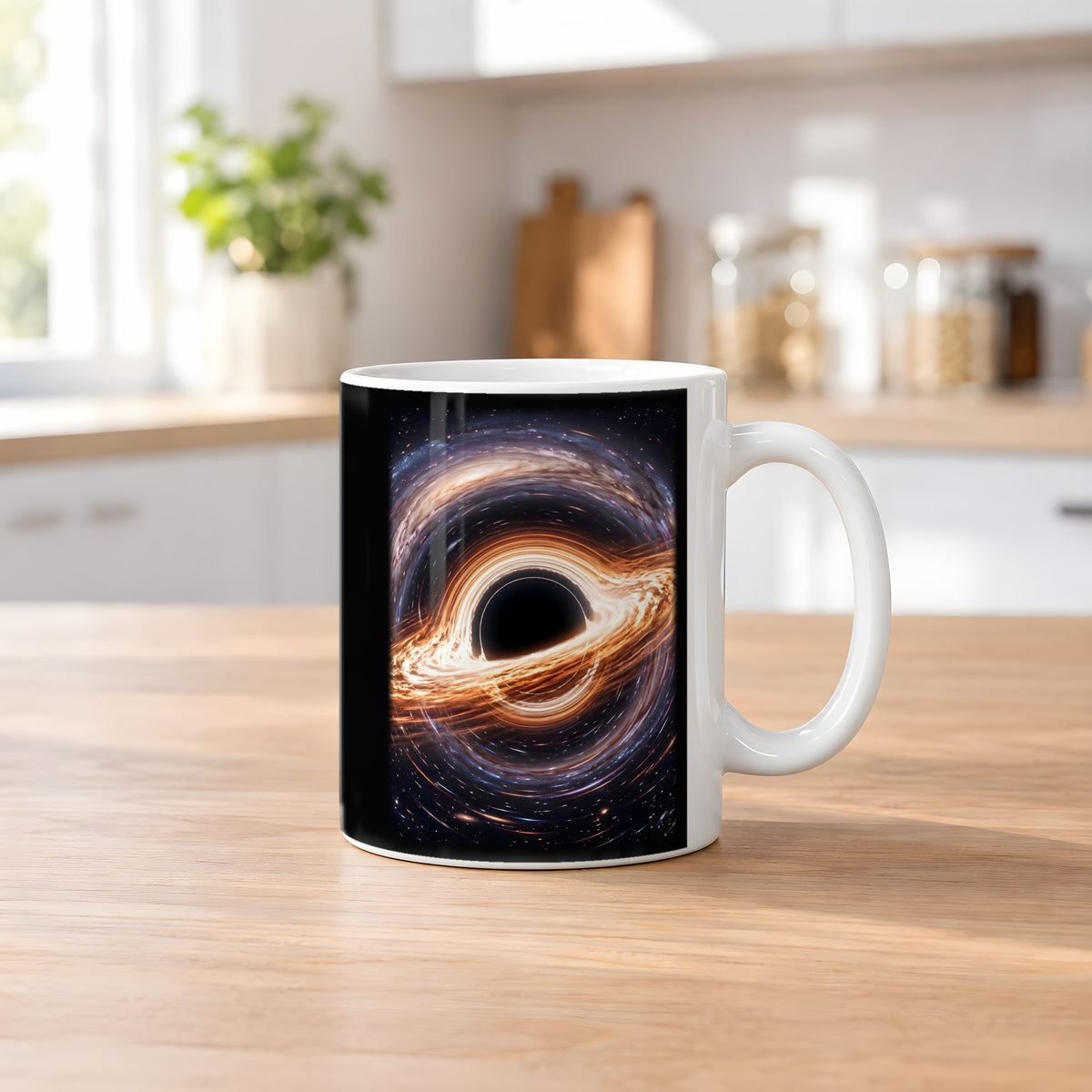 Ereignishorizont – weiße Tasse, auf dem Küchentresen