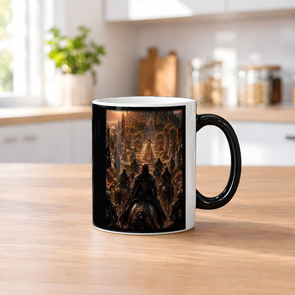 Der Empfang – Black Edition Zaubertasse mit Motiv (heiß), auf dem Küchentresen