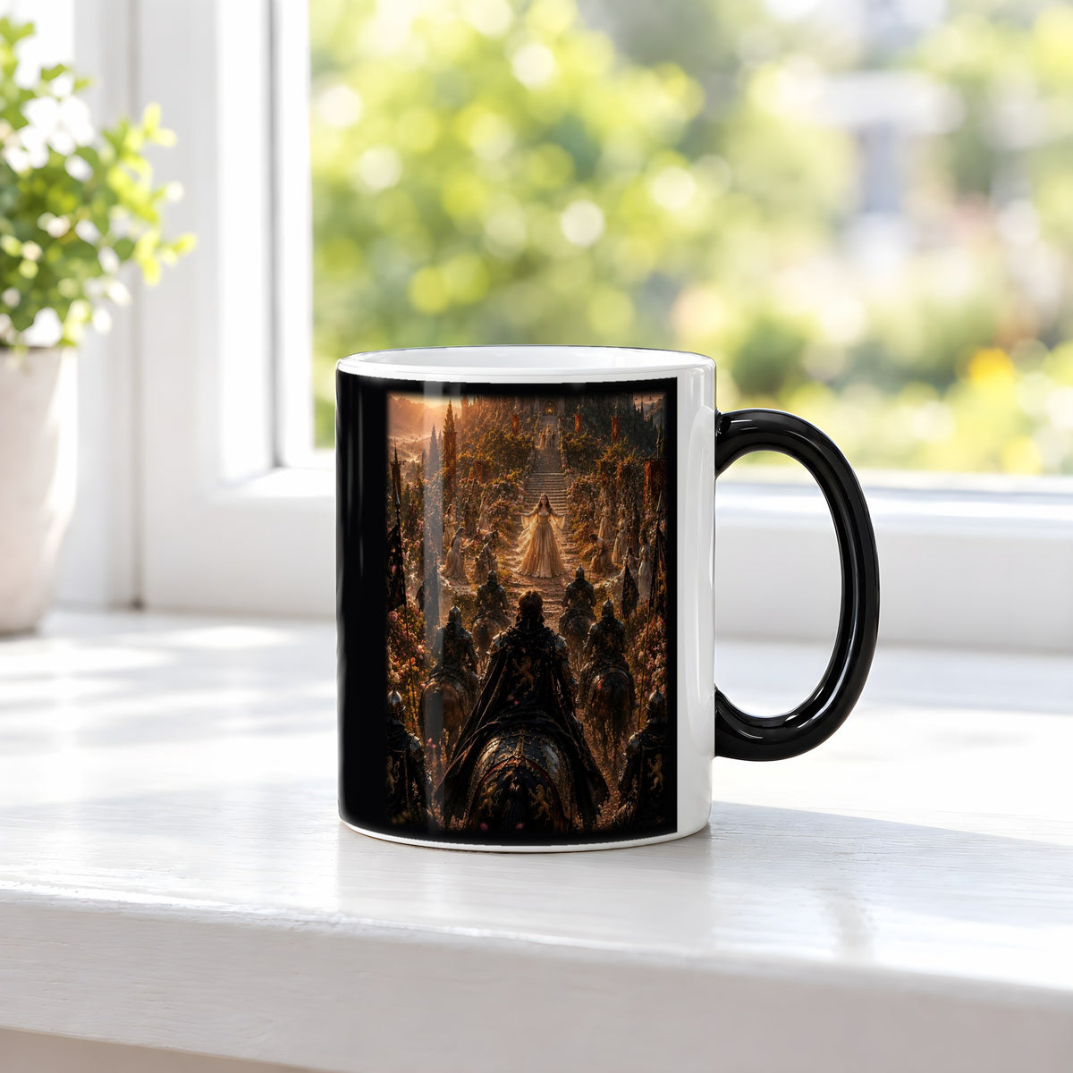 Der Empfang – Black Edition Zaubertasse mit Motiv (heiß), auf der Fensterbank