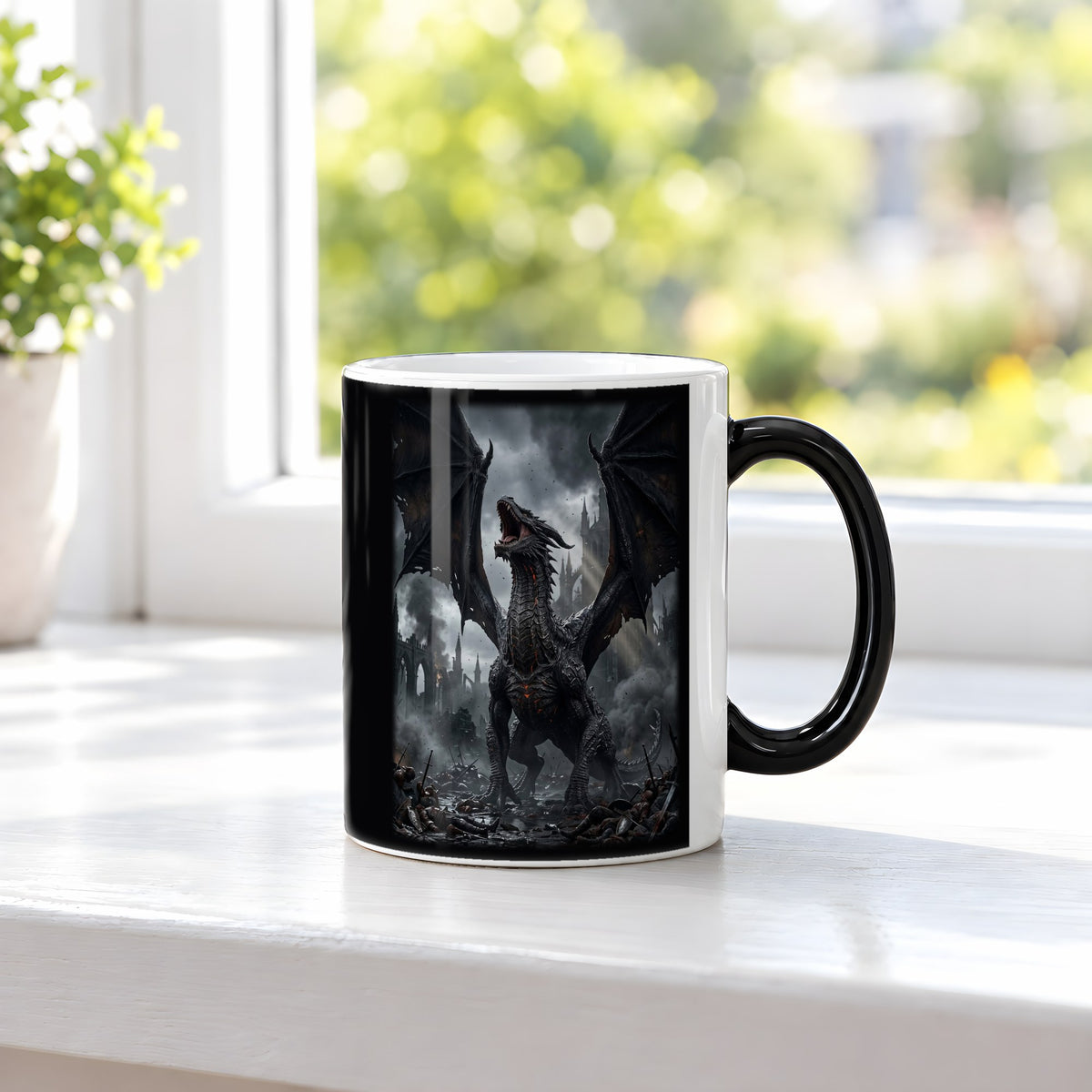 Das Erwachen des Schwarzen Drachen – Black Edition Zaubertasse mit Motiv (heiß), auf der Fensterbank