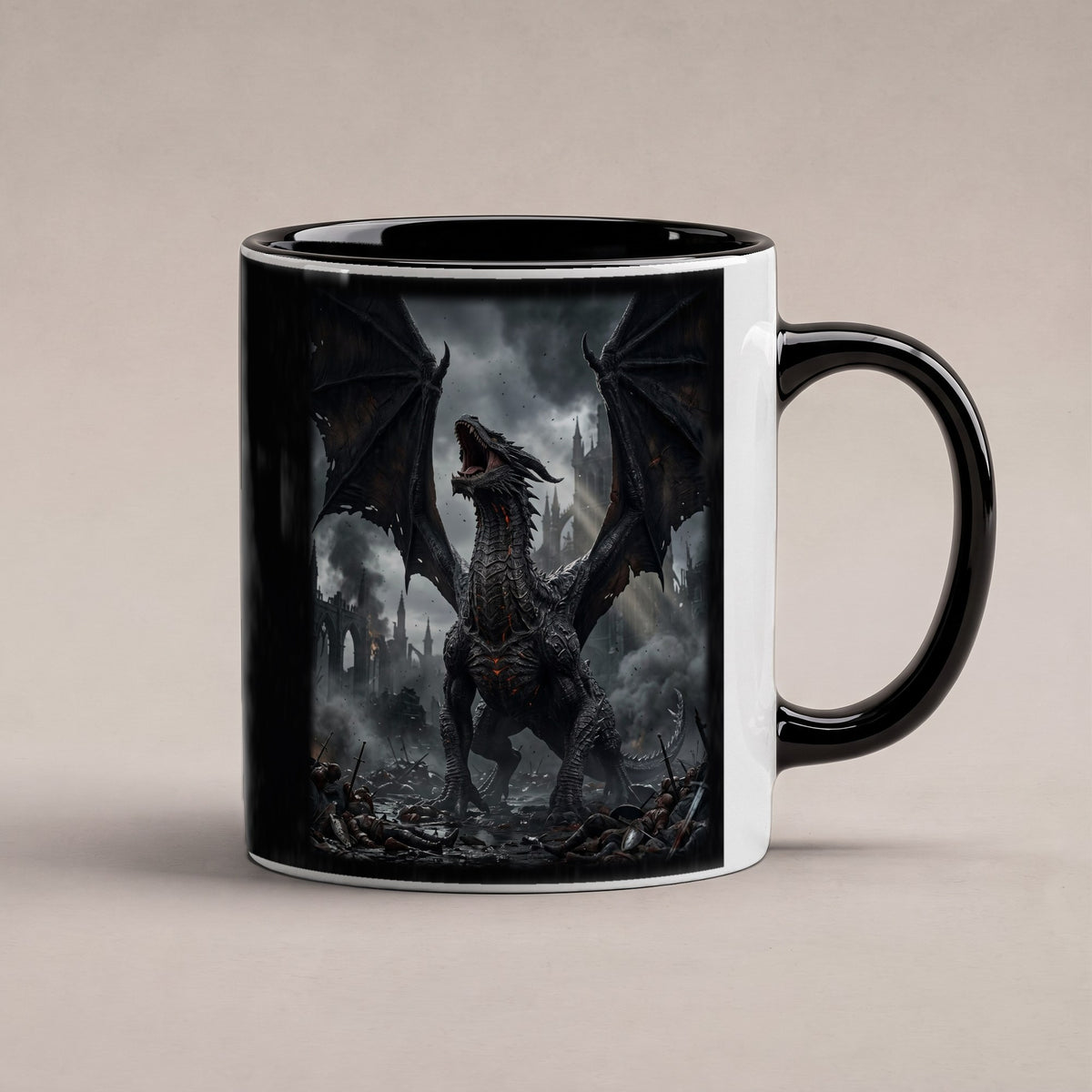 Das Erwachen des Schwarzen Drachen – Tasse innen schwarz, freigestellt