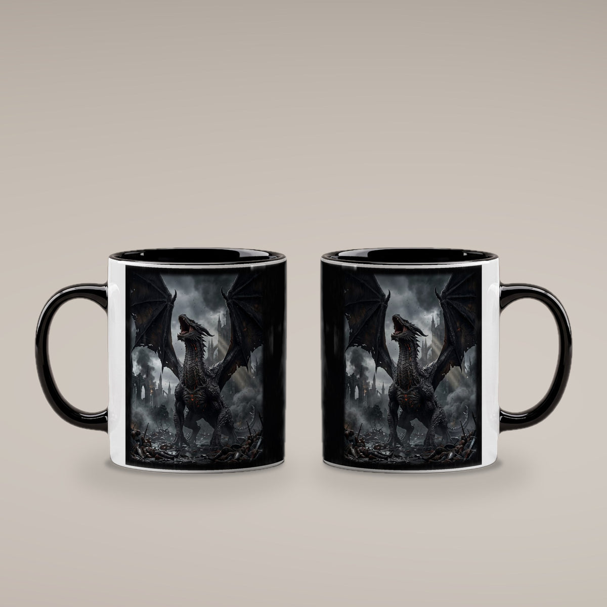 Das Erwachen des Schwarzen Drachen – Tasse innen schwarz, beide Seiten bedruckt