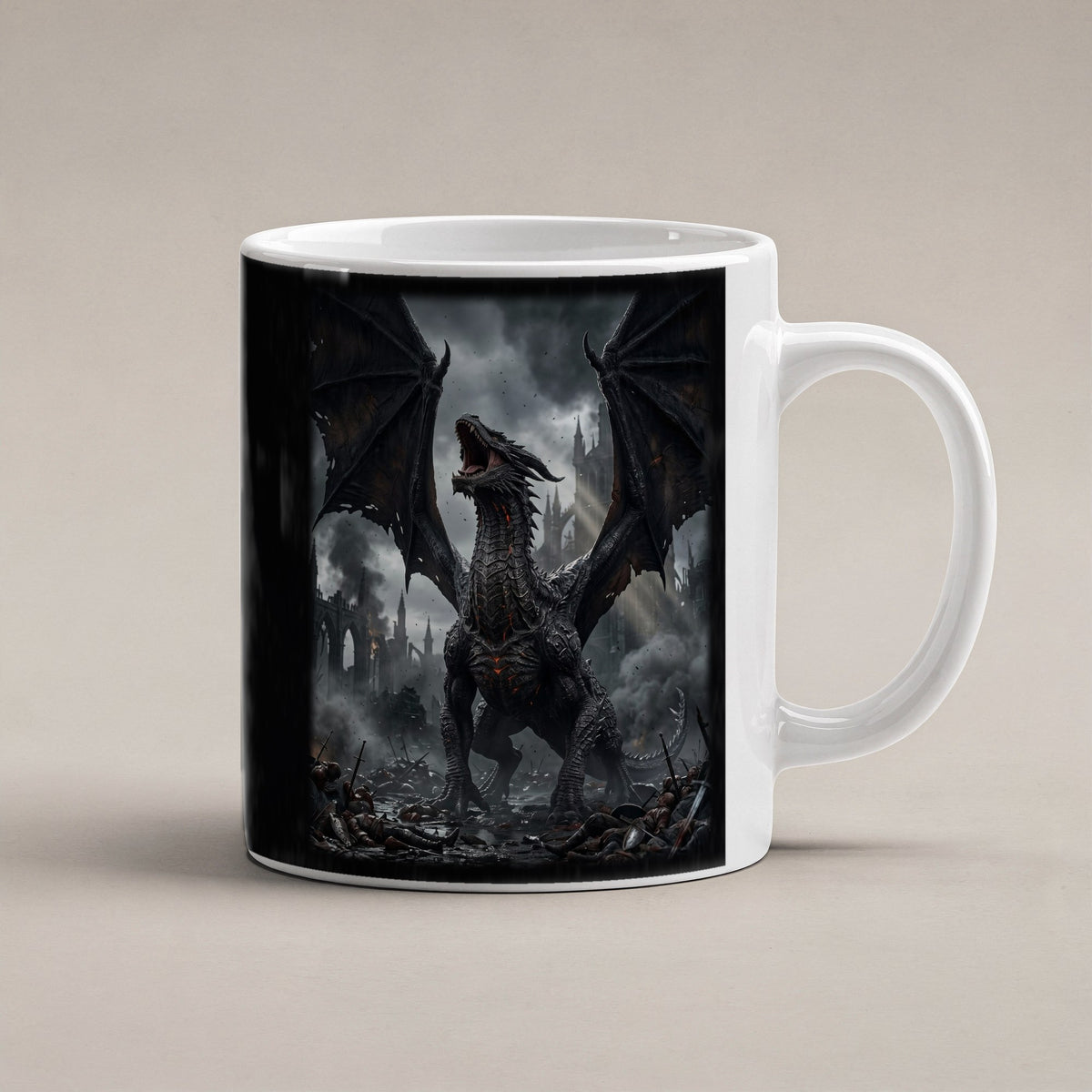 Das Erwachen des Schwarzen Drachen – weiße Tasse, freigestellt