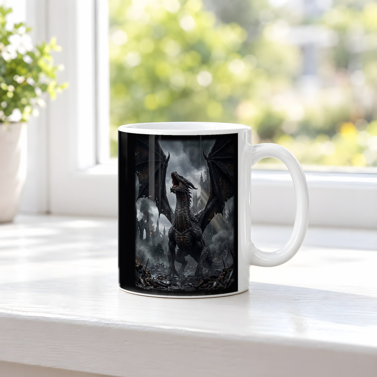 Das Erwachen des Schwarzen Drachen – weiße Tasse, auf der Fensterbank
