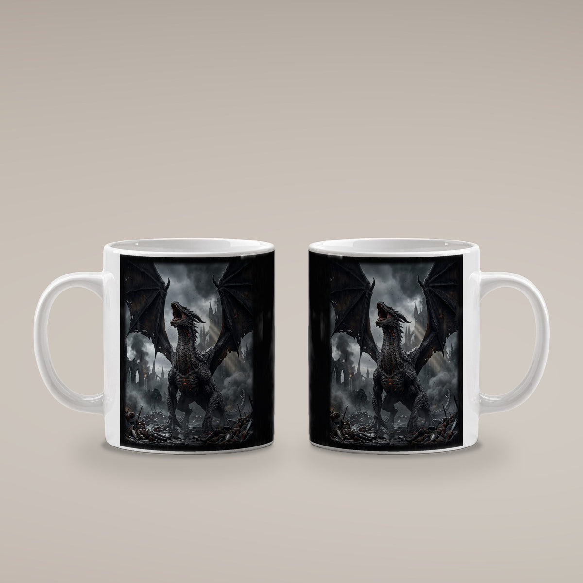 Das Erwachen des Schwarzen Drachen – weiße Tasse, beide Seiten bedruckt