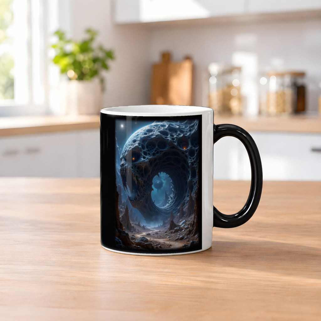 Der Ewige Schlund – Black Edition Zaubertasse mit Motiv (heiß), auf dem Küchentresen