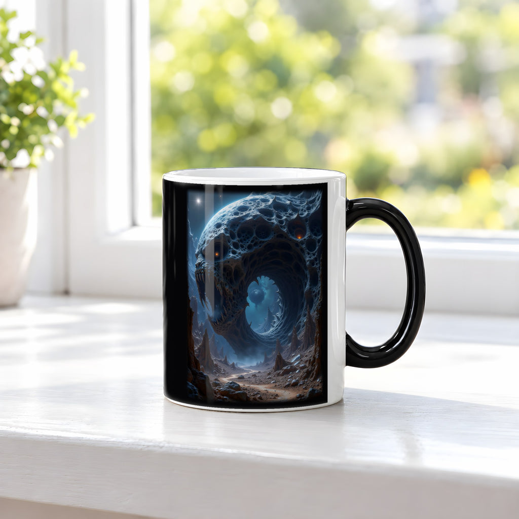 Der Ewige Schlund – Black Edition Zaubertasse mit Motiv (heiß), auf der Fensterbank