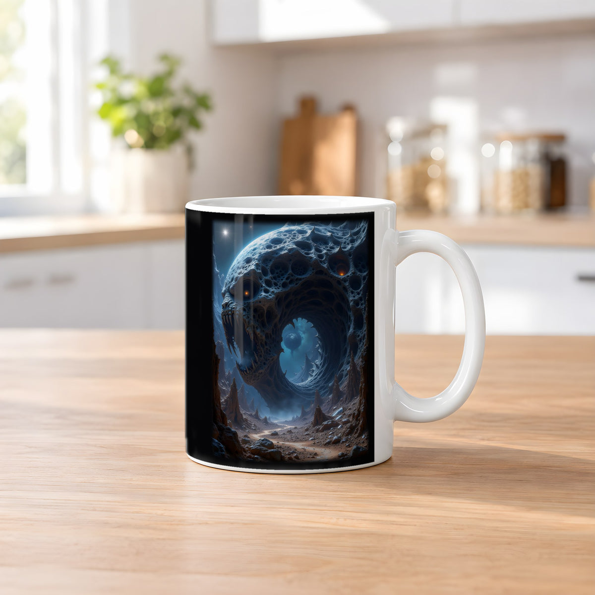 Der Ewige Schlund – weiße Tasse, auf dem Küchentresen