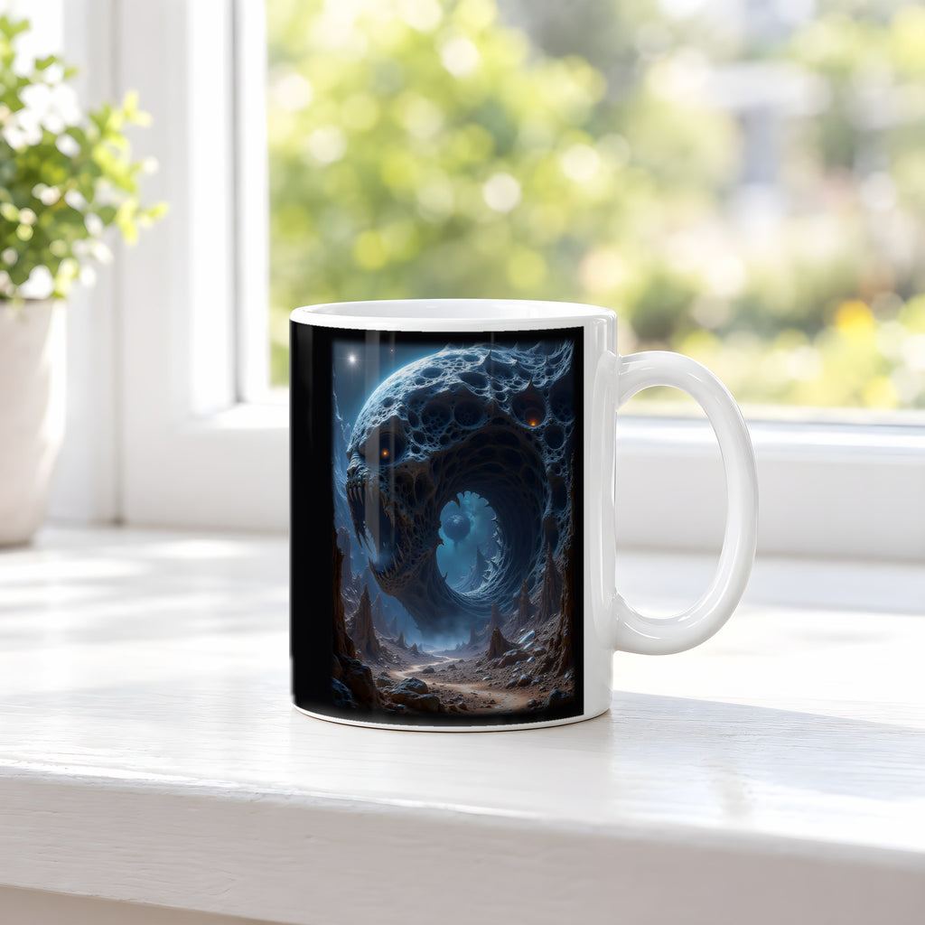 Der Ewige Schlund – weiße Tasse, auf der Fensterbank