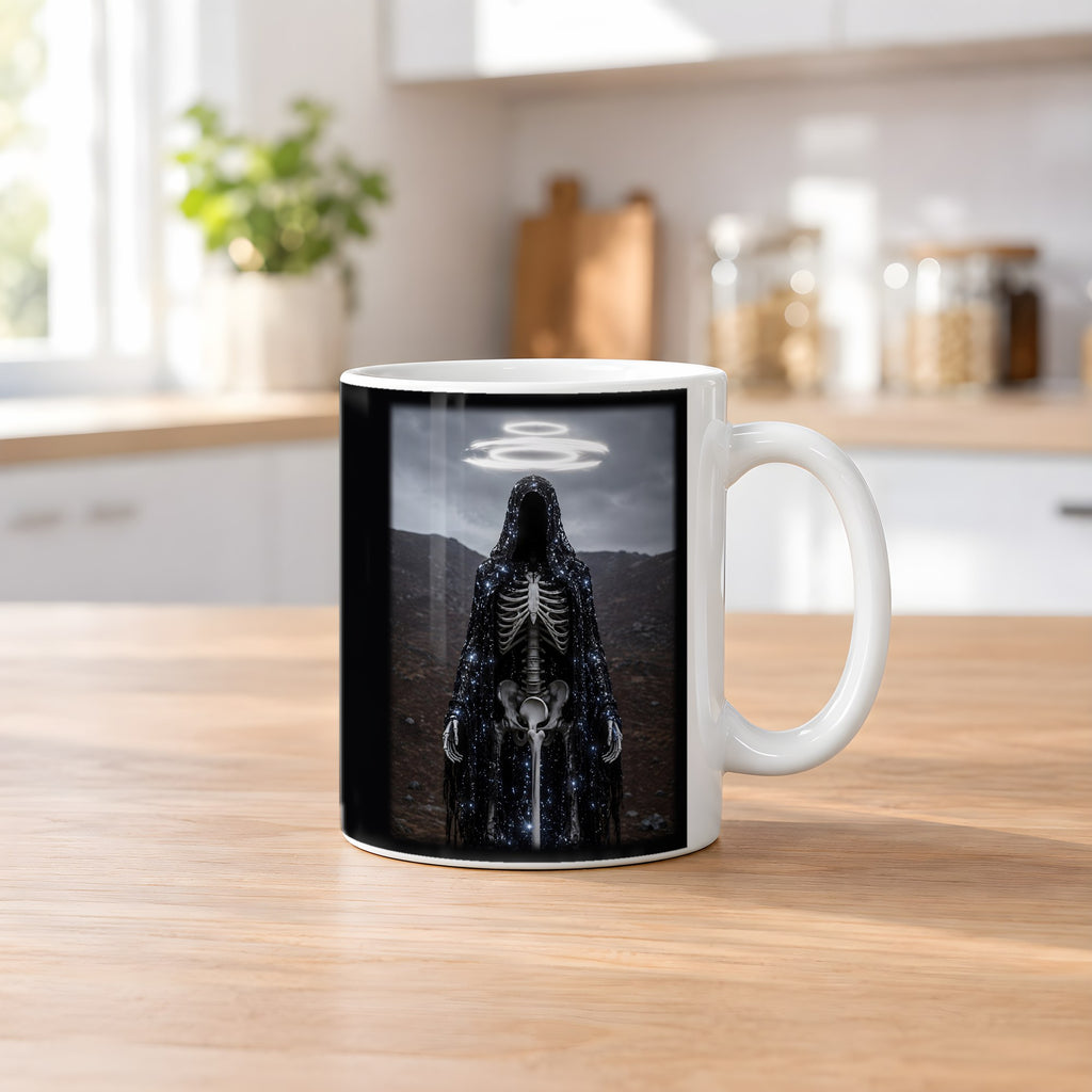 Der Ewige Pilger – weiße Tasse, auf dem Küchentresen