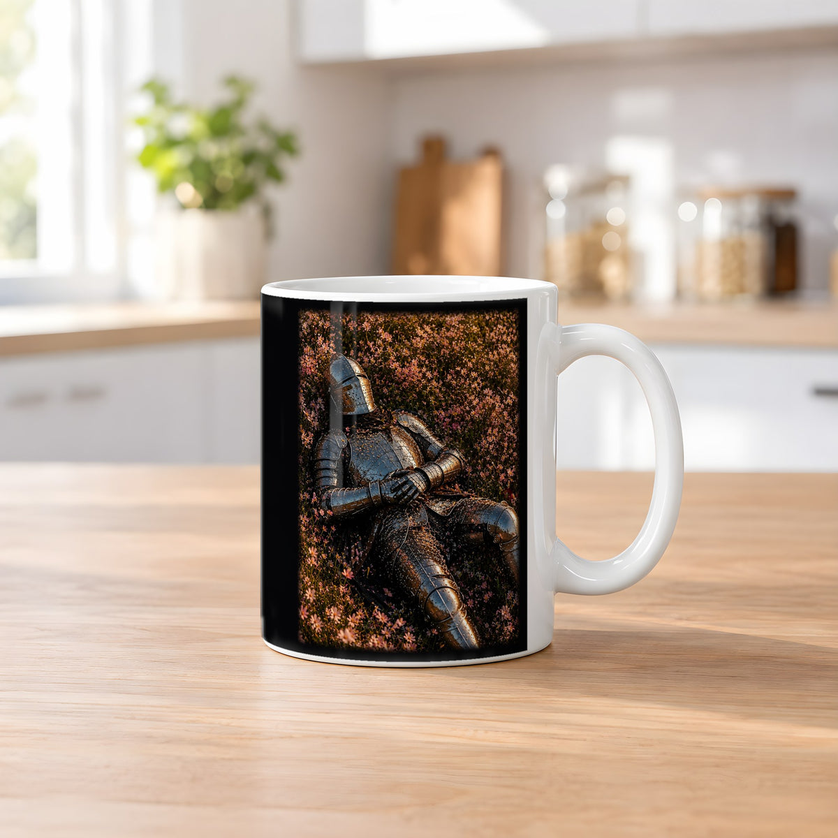 Ewige Ruhe – weiße Tasse, auf dem Küchentresen