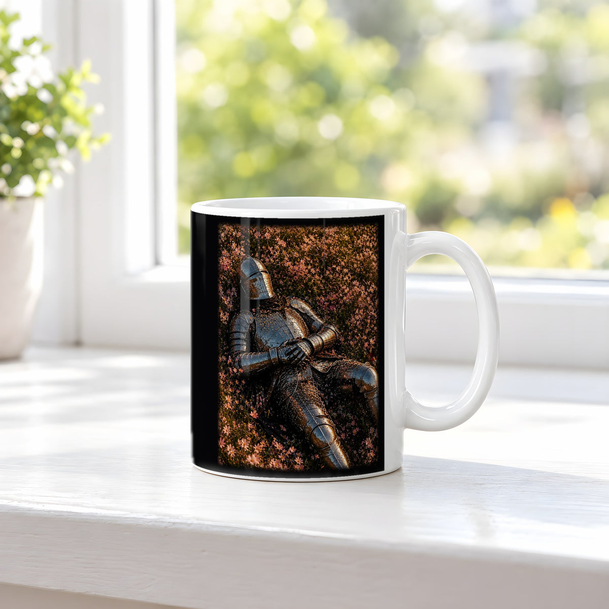 Ewige Ruhe – weiße Tasse, auf der Fensterbank