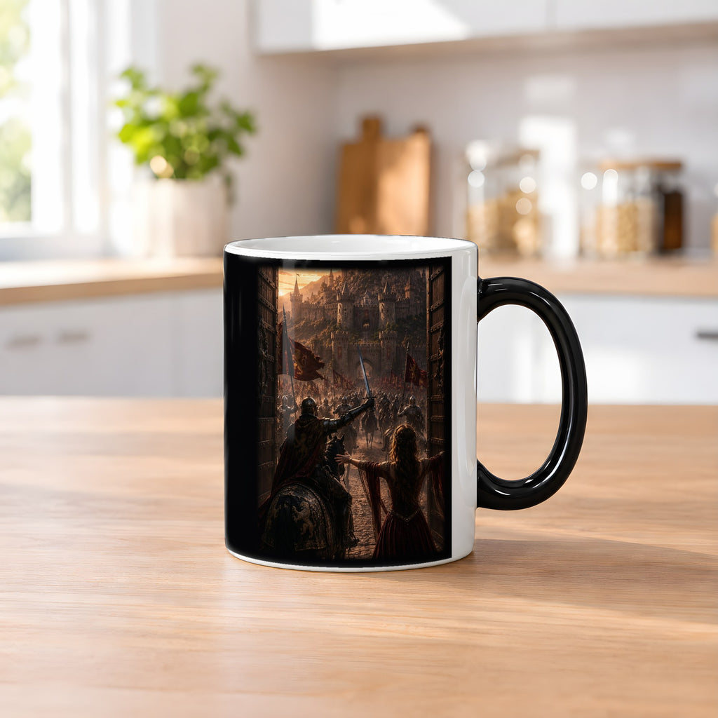 Endlich zu Hause – Black Edition Zaubertasse mit Motiv (heiß), auf dem Küchentresen