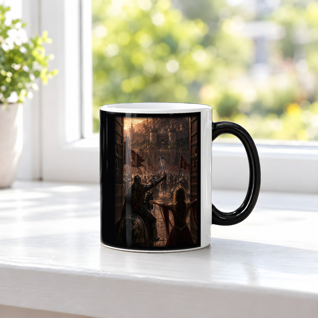 Endlich zu Hause – Black Edition Zaubertasse mit Motiv (heiß), auf der Fensterbank