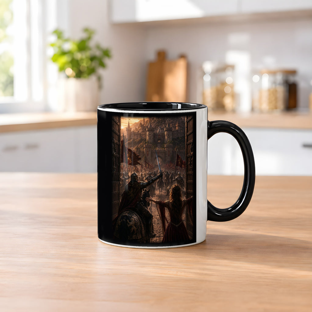 Endlich zu Hause – Tasse innen schwarz, auf dem Küchentresen