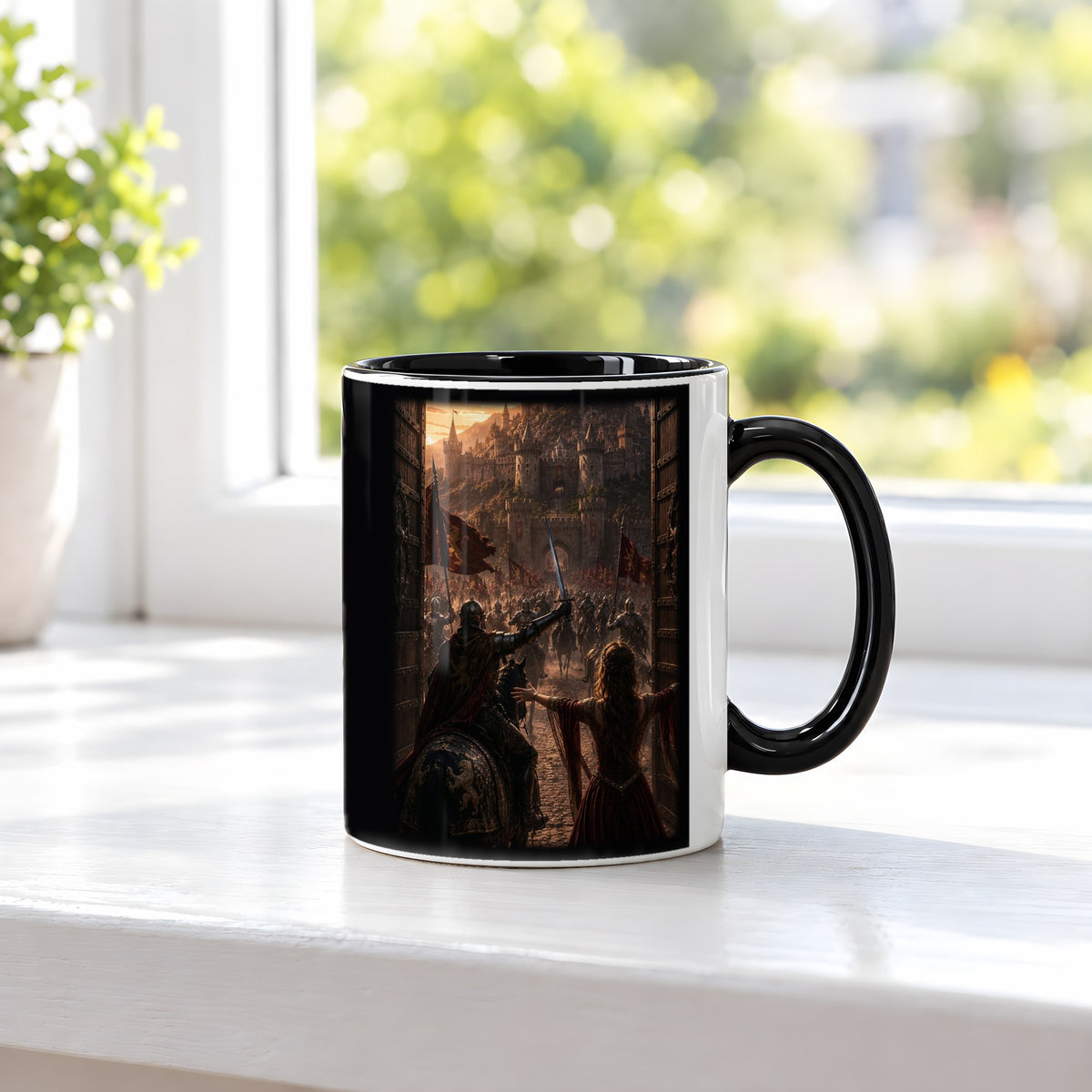 Endlich zu Hause – Tasse innen schwarz, auf der Fensterbank