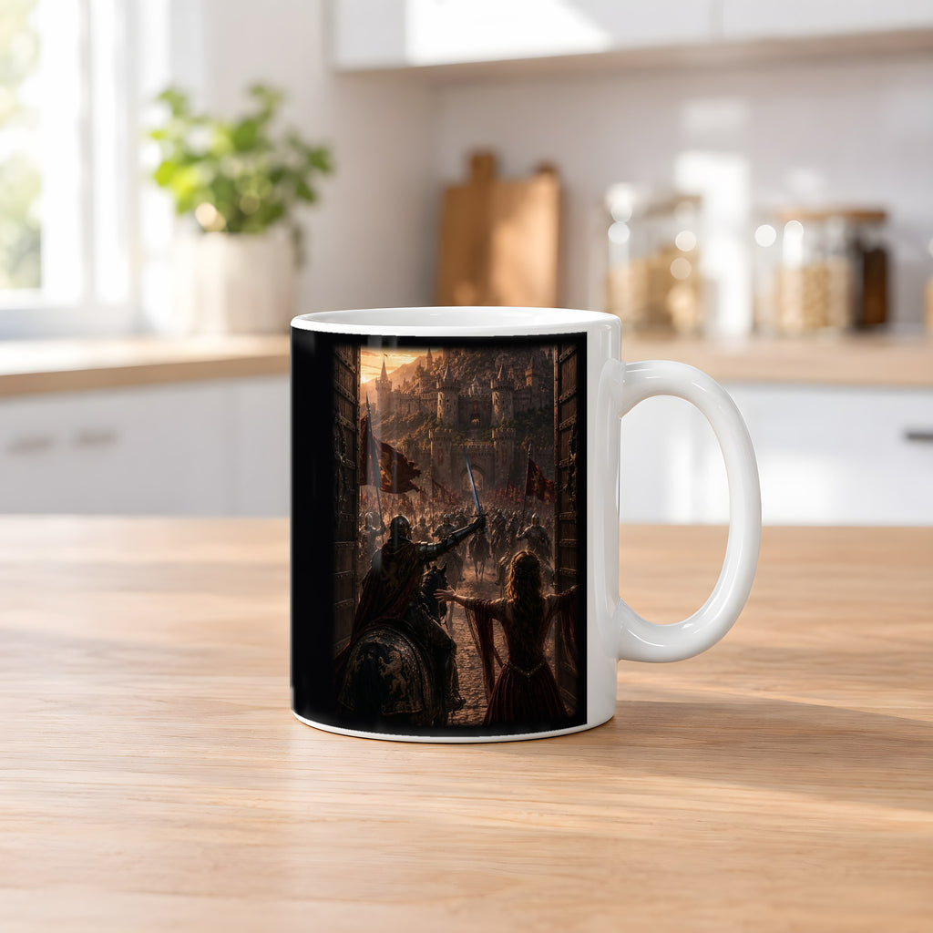 Endlich zu Hause – weiße Tasse, auf dem Küchentresen