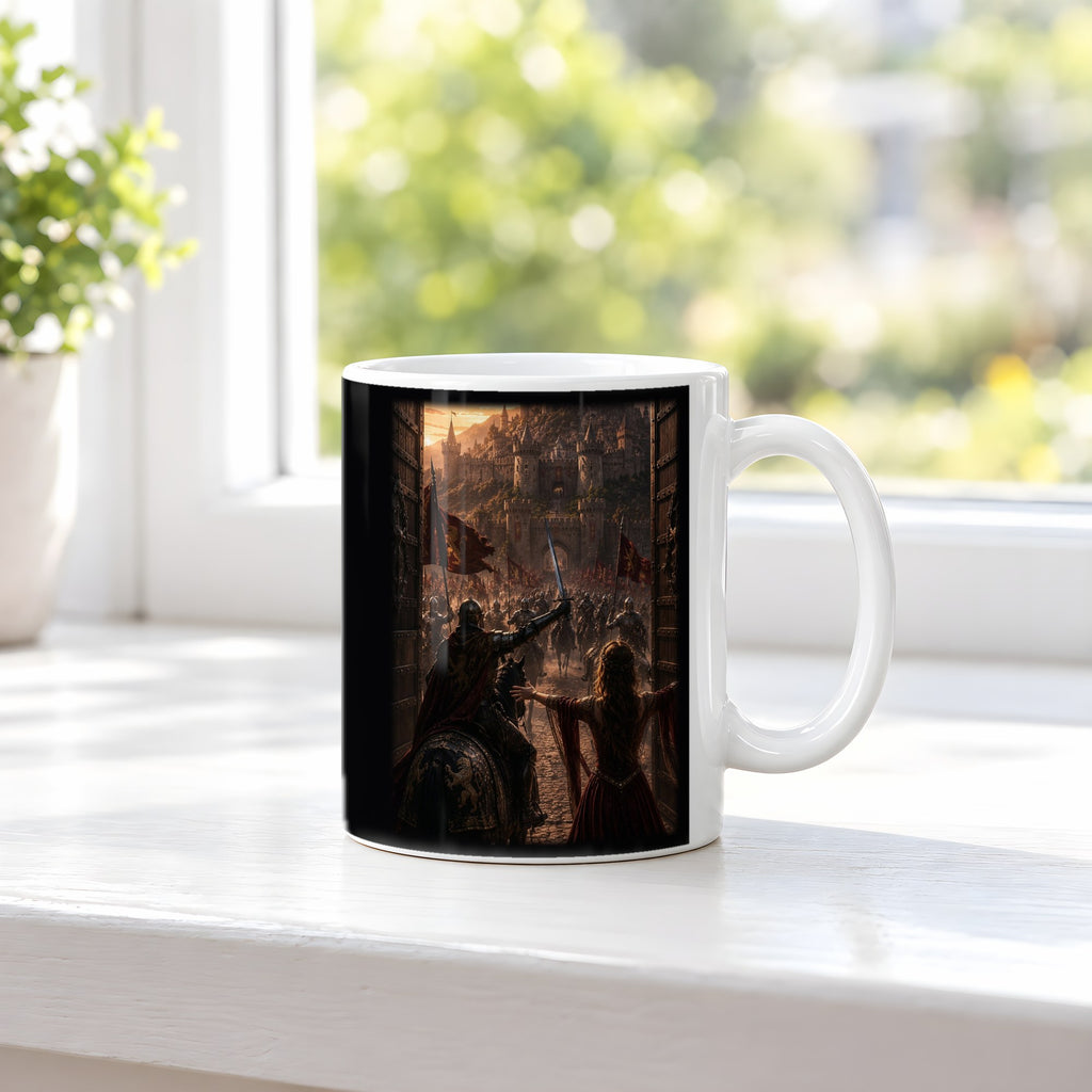 Endlich zu Hause – weiße Tasse, auf der Fensterbank