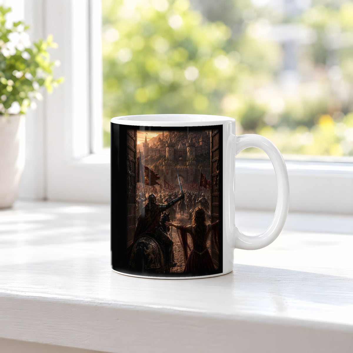 Endlich zu Hause – weiße Tasse, auf der Fensterbank